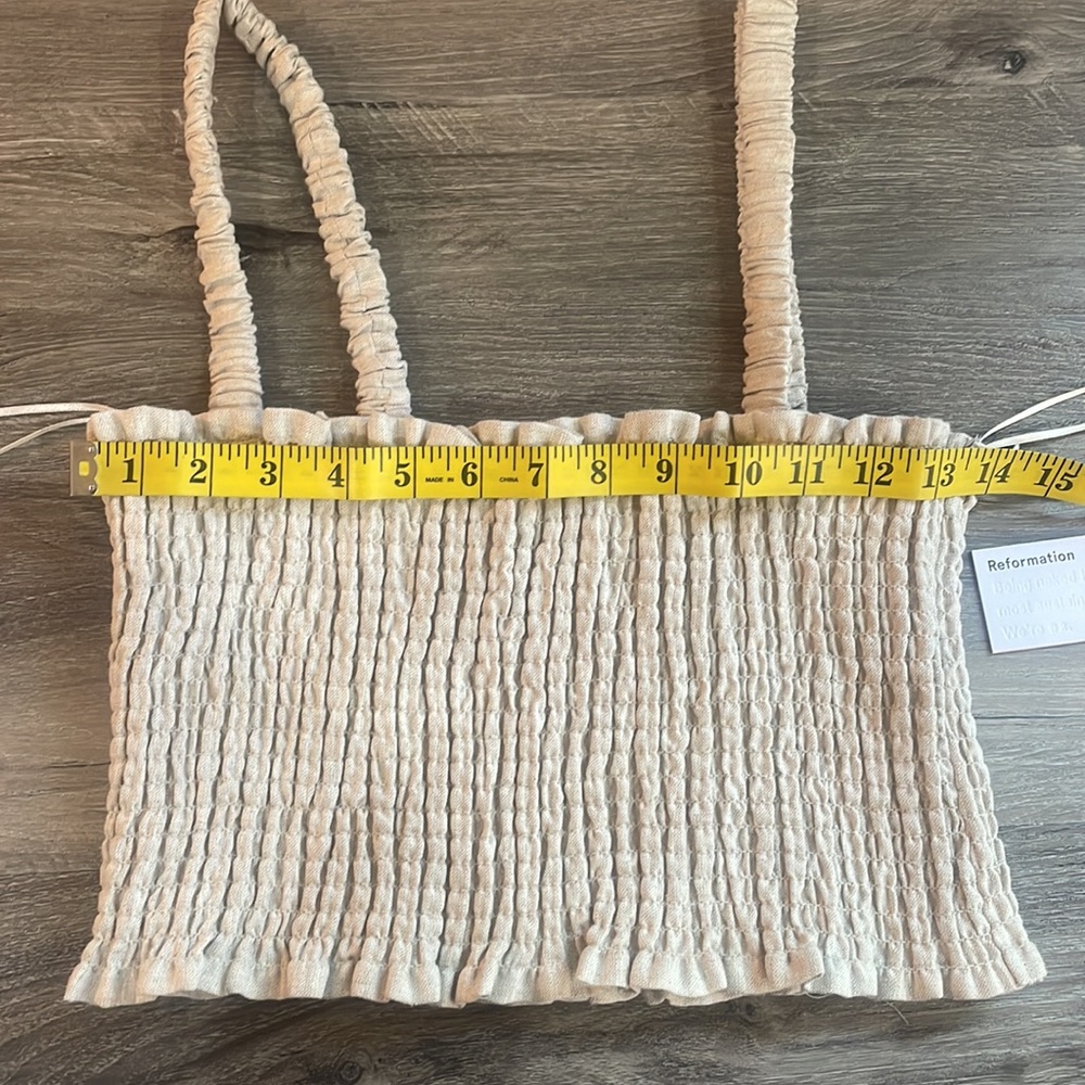 Reformation Vera Linen top,Tan, crop,straps, smocking %100 Linen, Size 8, NWT - Picture 4 of 8